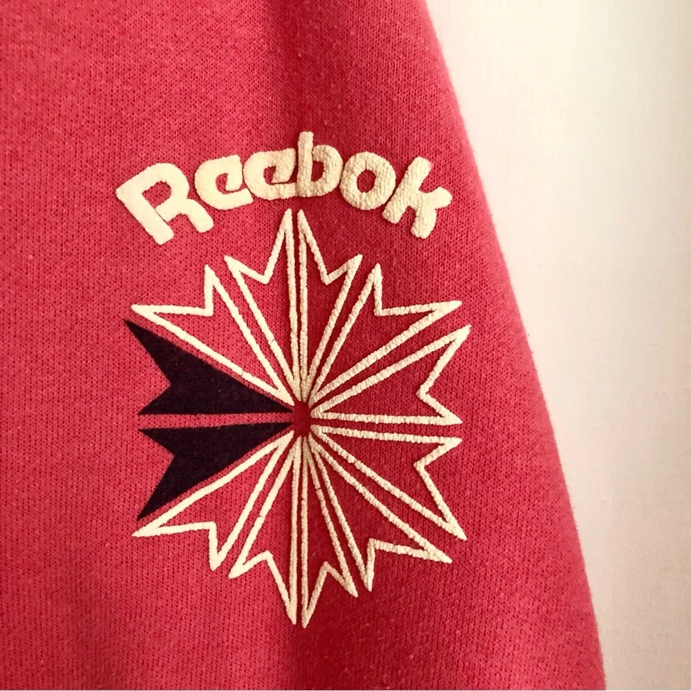 Vintage Reebok coral red sweatshirt puffed logo henley neckline size L 80’s